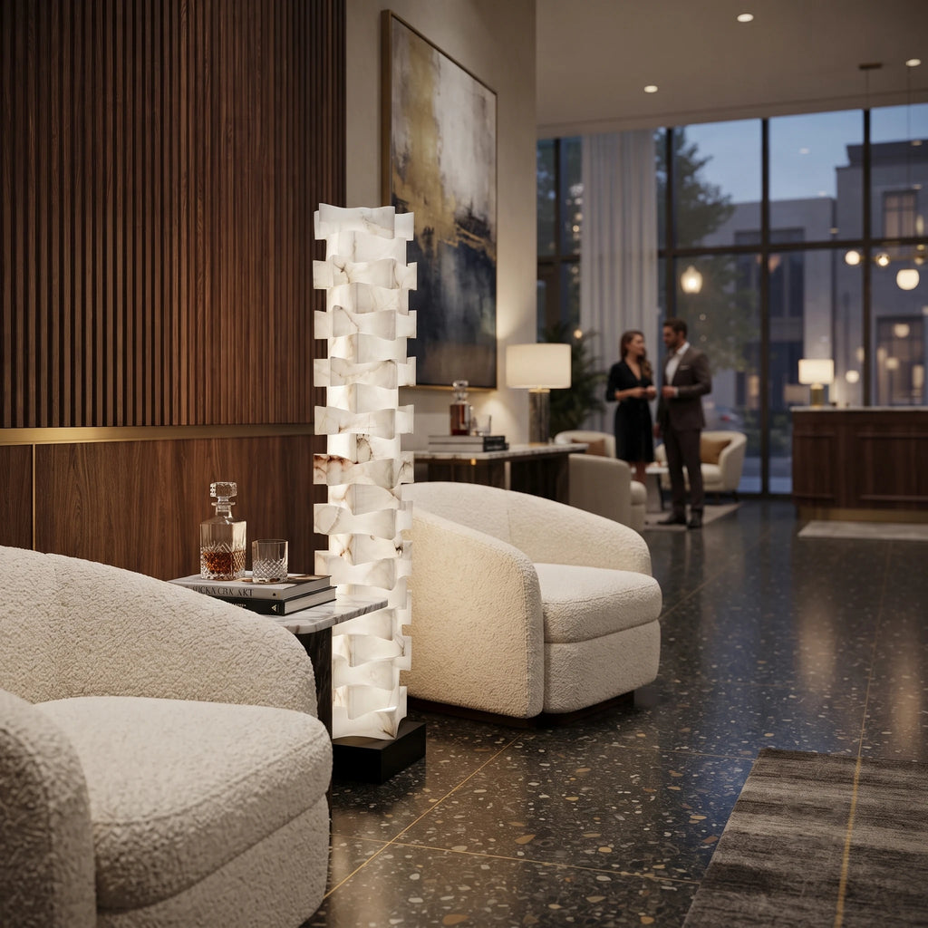 Geometric Alabaster Floor Lamp in Contemporary Lounge