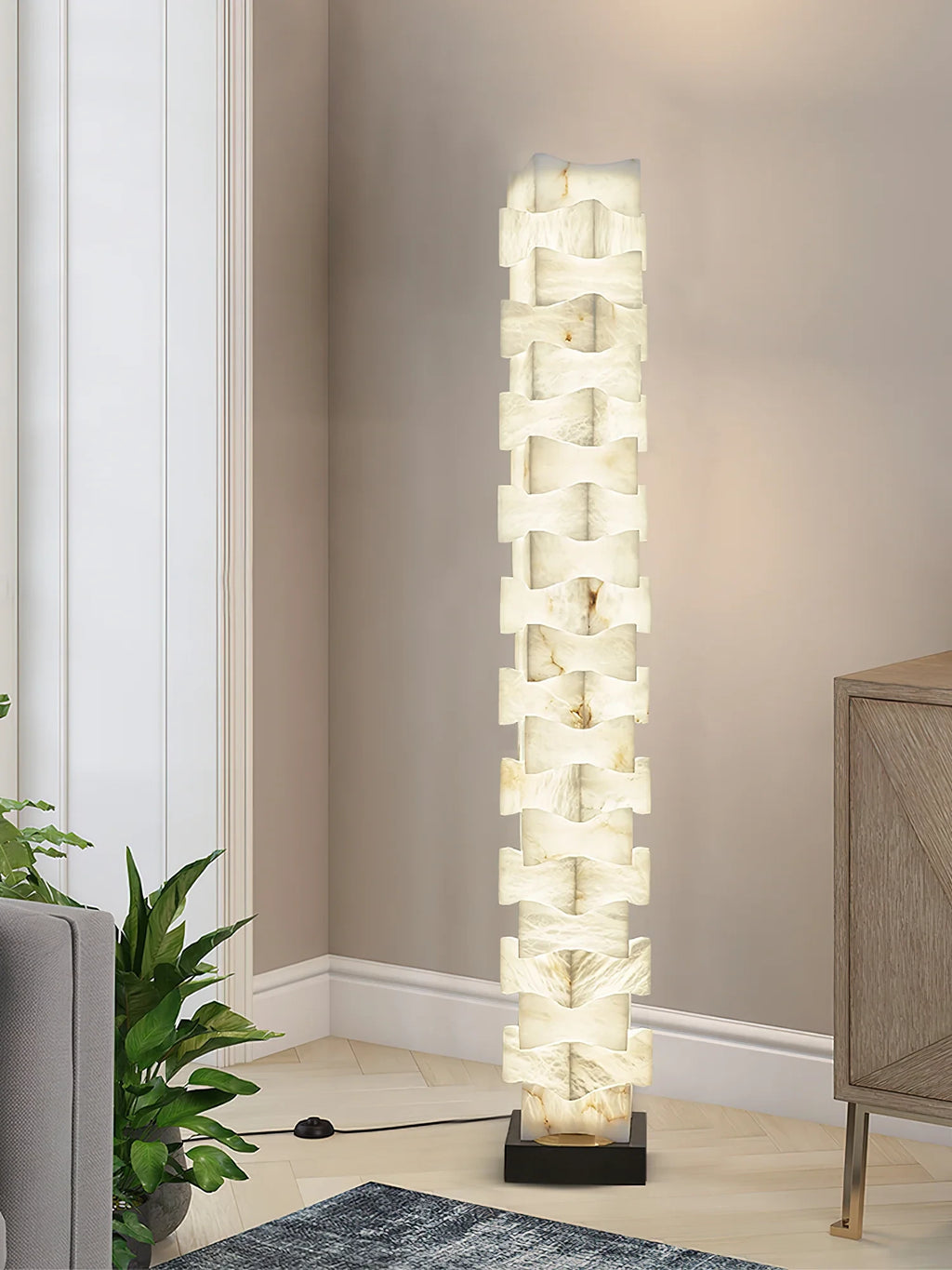 Geometric Alabaster Floor Lamp Beside Living Room Window