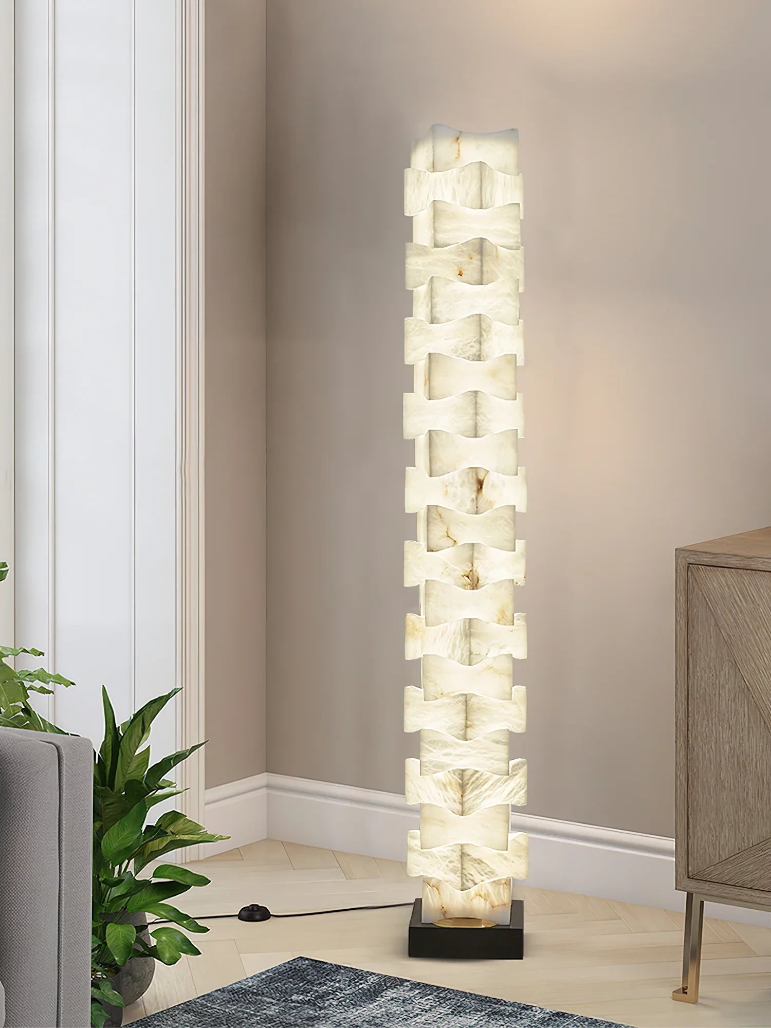 Geometric Alabaster Floor Lamp Beside Living Room Window