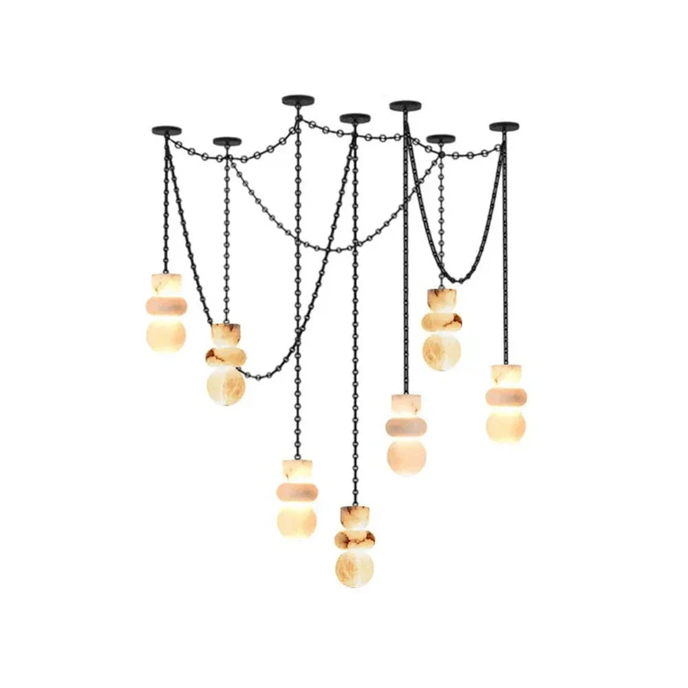 Modern Multi-Light Spider Art Glass Chandelier with Black Hardware on Pure White Background