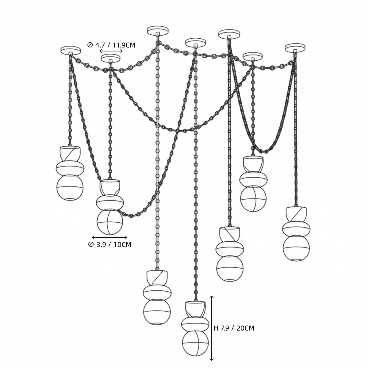Modern 8-Light Spider Chandelier Line Art Dimension Diagram
