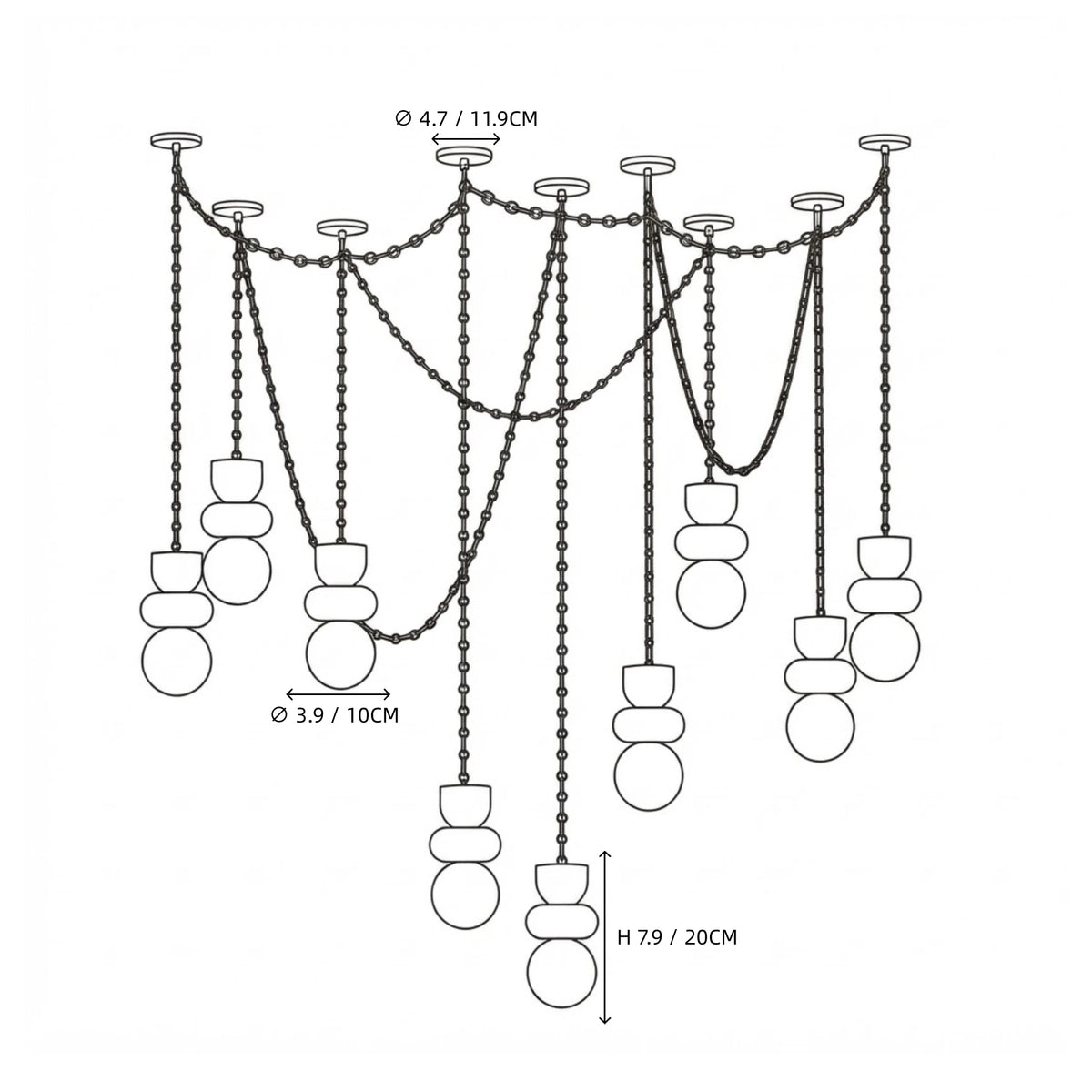 Modern 9-Light Spider Chandelier Line Art Dimension Diagram