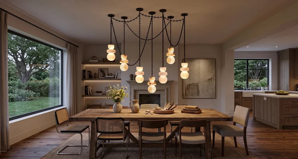 Modern Multi-Light Chandelier Over Large Dining Table