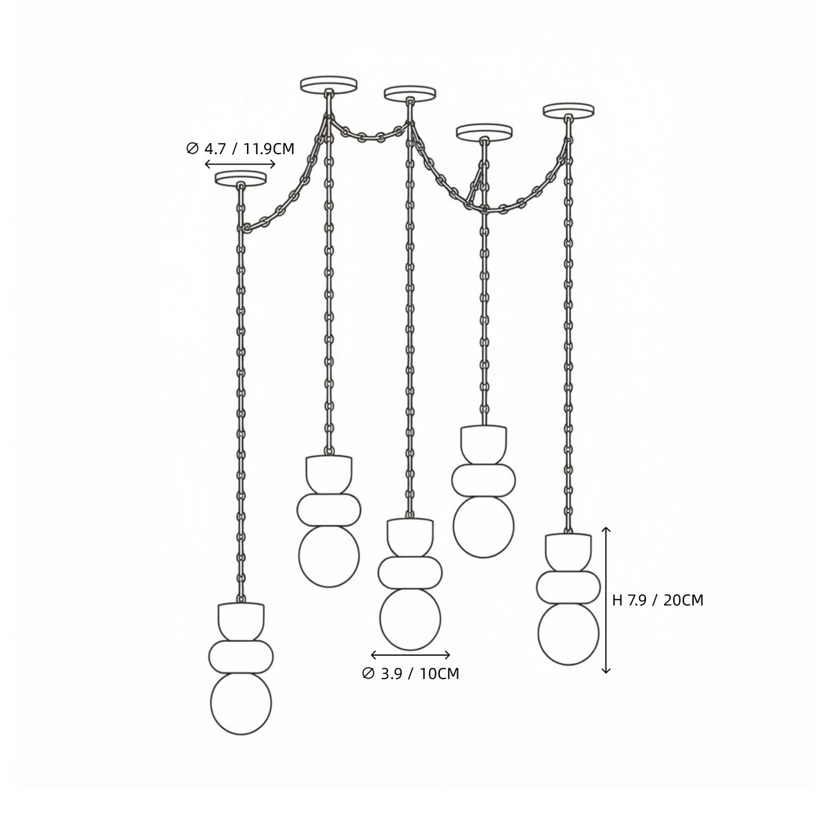 Modern 6-Light Spider Chandelier Line Art Dimension Diagram