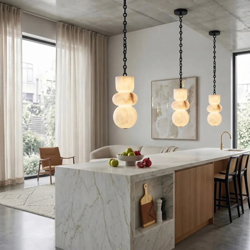 Modern Multi-Light Spider Chandelier Over Kitchen Island and Dining Area