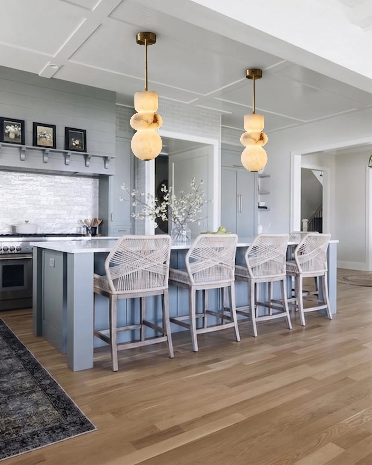 Pair of Alabaster Geometric Pendant Lights Over Kitchen Bar Island