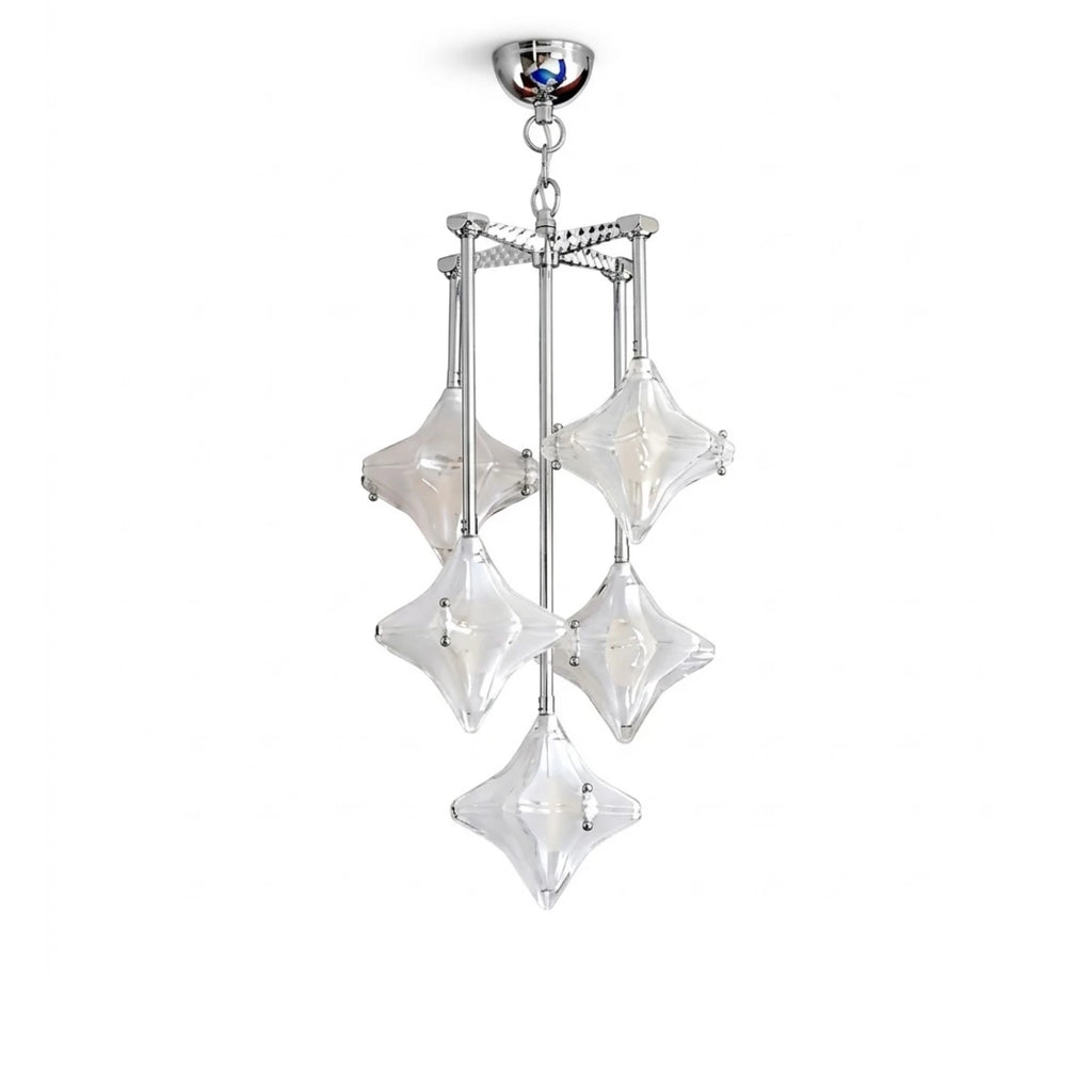 Modern Vertical Diamond Art Glass Chandelier with Silver Canopy on Pure White Background
