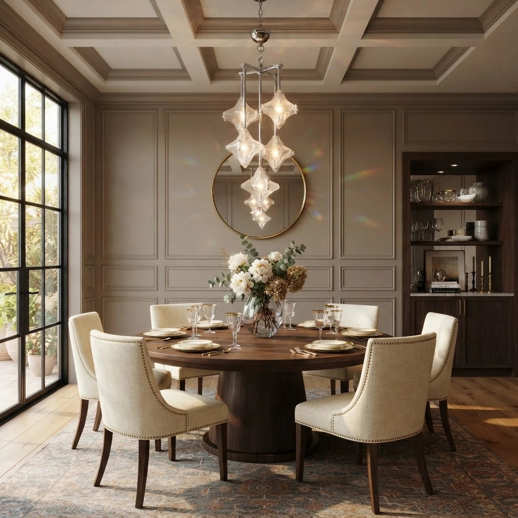 Modern Vertical Diamond Art Glass Chandelier Over Round Dining Table