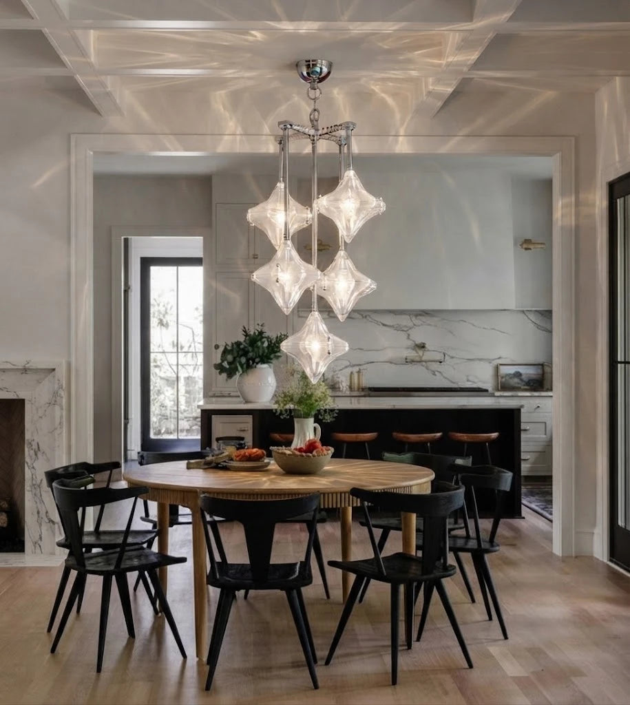 Modern Vertical Diamond Art Glass Chandelier in Open Plan Dining Area