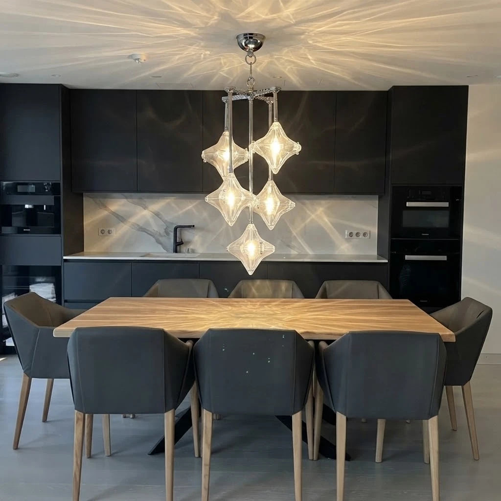 Modern Vertical Diamond Art Glass Chandelier in Formal Dining Room