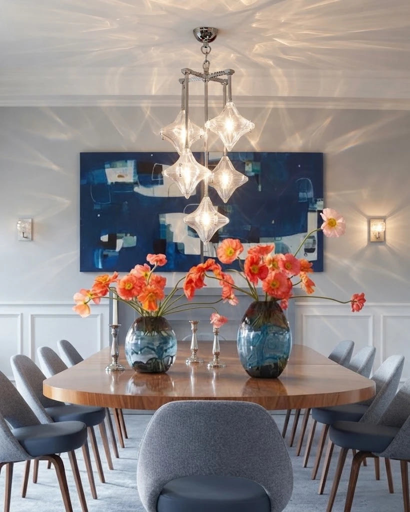 Modern Diamond Art Glass Chandelier in Elegant Dining Setting