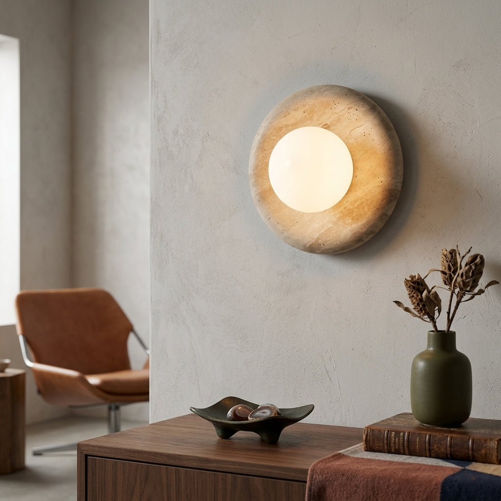 Warm lit alabaster stone ring wall sconce above coffee table minimalist lounge