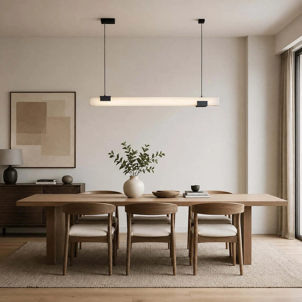 Modern Alabaster Art Glass Linear Pendant Over Dining Room Table