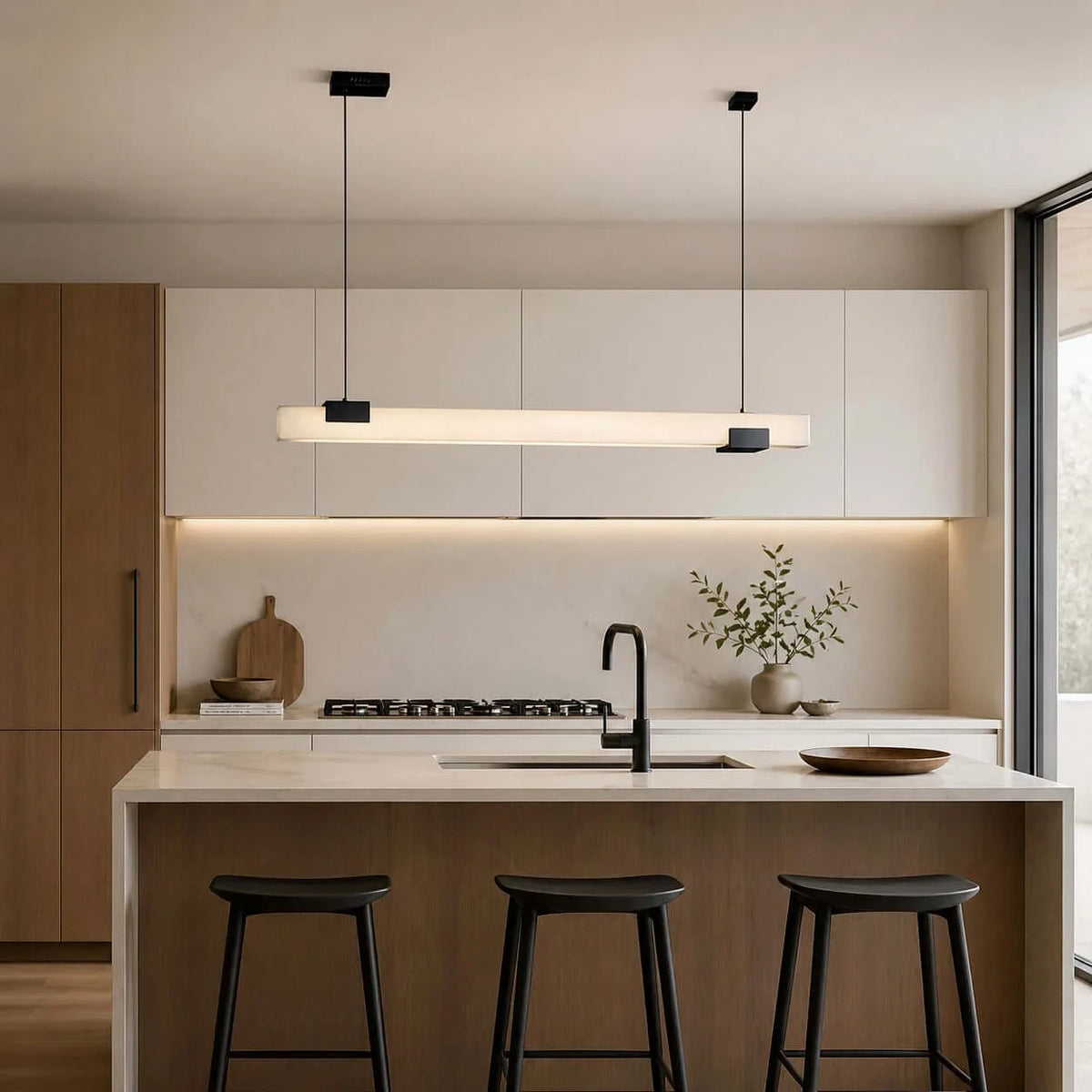 Modern Linear Alabaster Pendant Light in Contemporary Kitchen Setting
