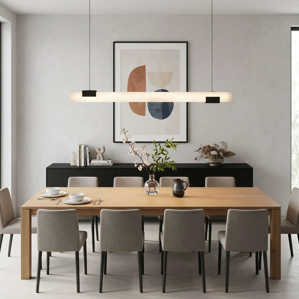 Modern Alabaster Art Glass Linear Pendant in Dining Space Interior