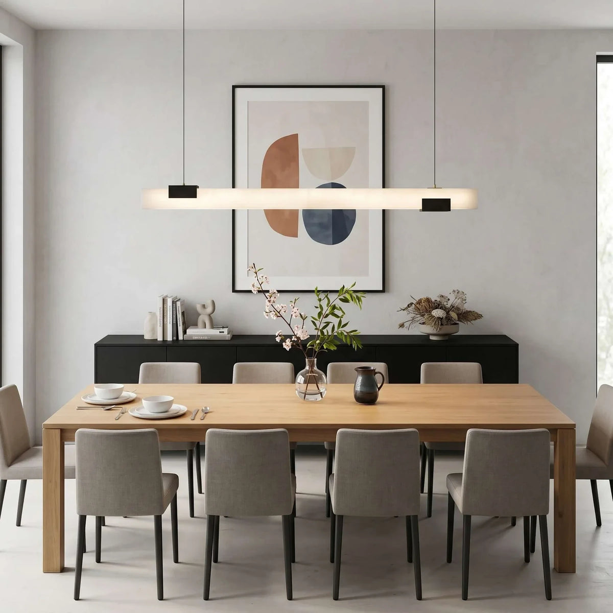 Modern Alabaster Art Glass Linear Pendant in Dining Space Interior