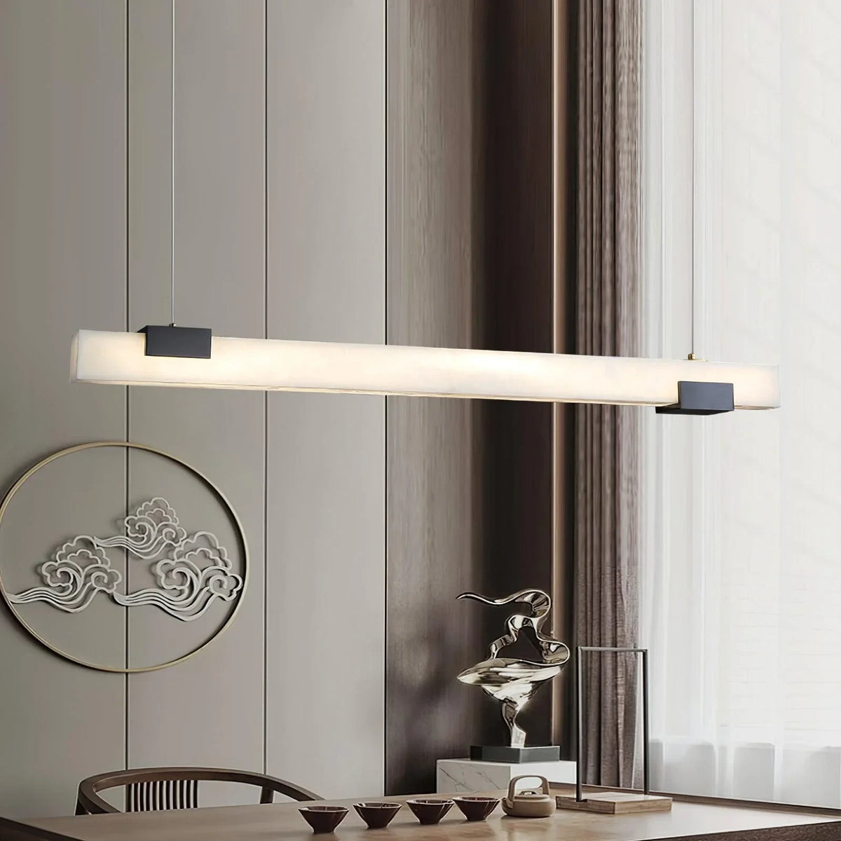 Modern Alabaster Art Glass Linear Pendant in Tea Room Setting
