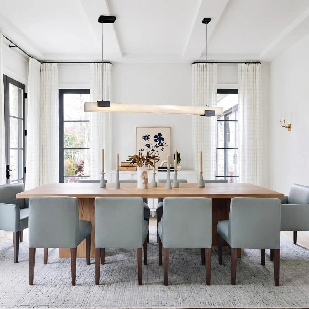 Modern Linear Alabaster Pendant Light Over Wooden Dining Table