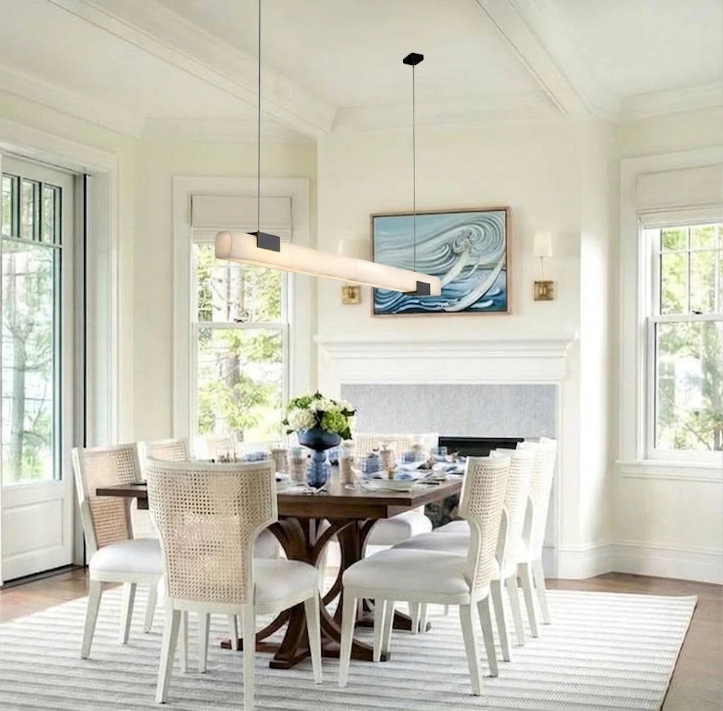 Modern Alabaster Art Glass Linear Pendant in Bright Dining Area