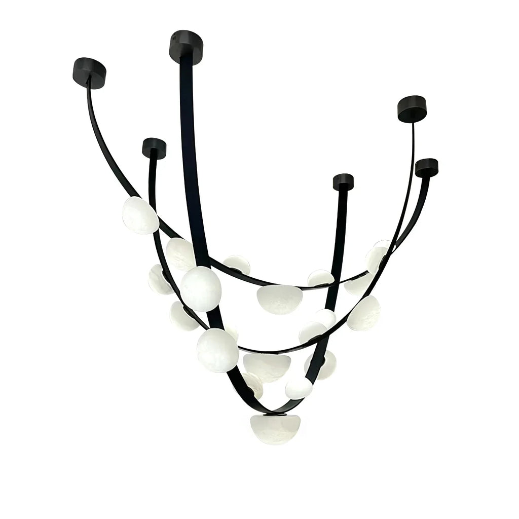 Modern Black Frame Alabaster Art Glass Chandelier with Black Canopy on Pure White Background