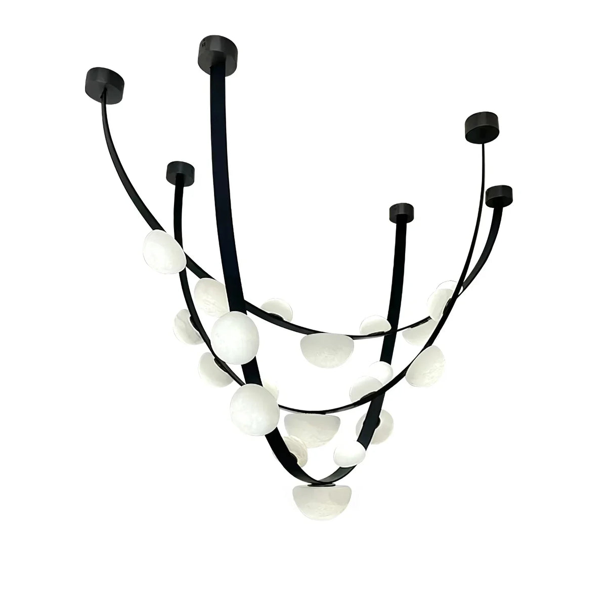 Modern Black Frame Alabaster Art Glass Chandelier with Black Canopy on Pure White Background