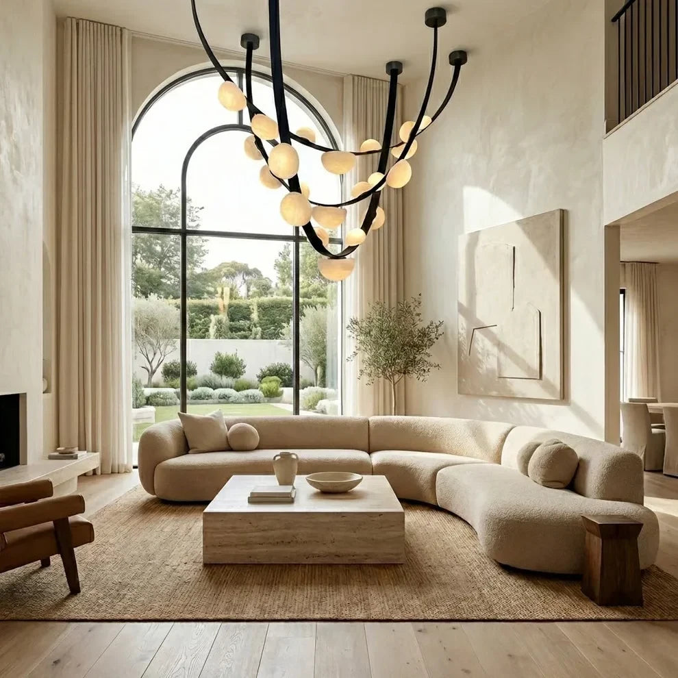 Modern Black Frame Alabaster Chandelier in High Ceiling Living Space