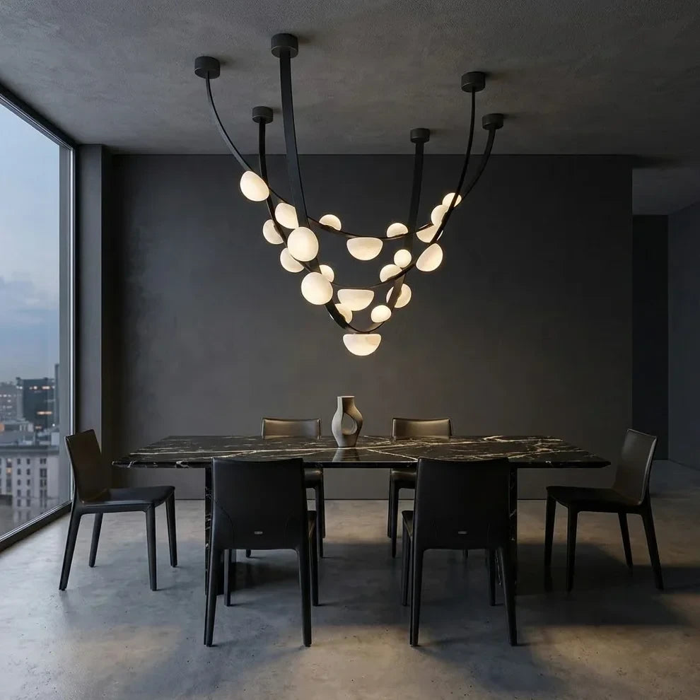 Modern Alabaster Art Glass Chandelier in Modern Dining Setting