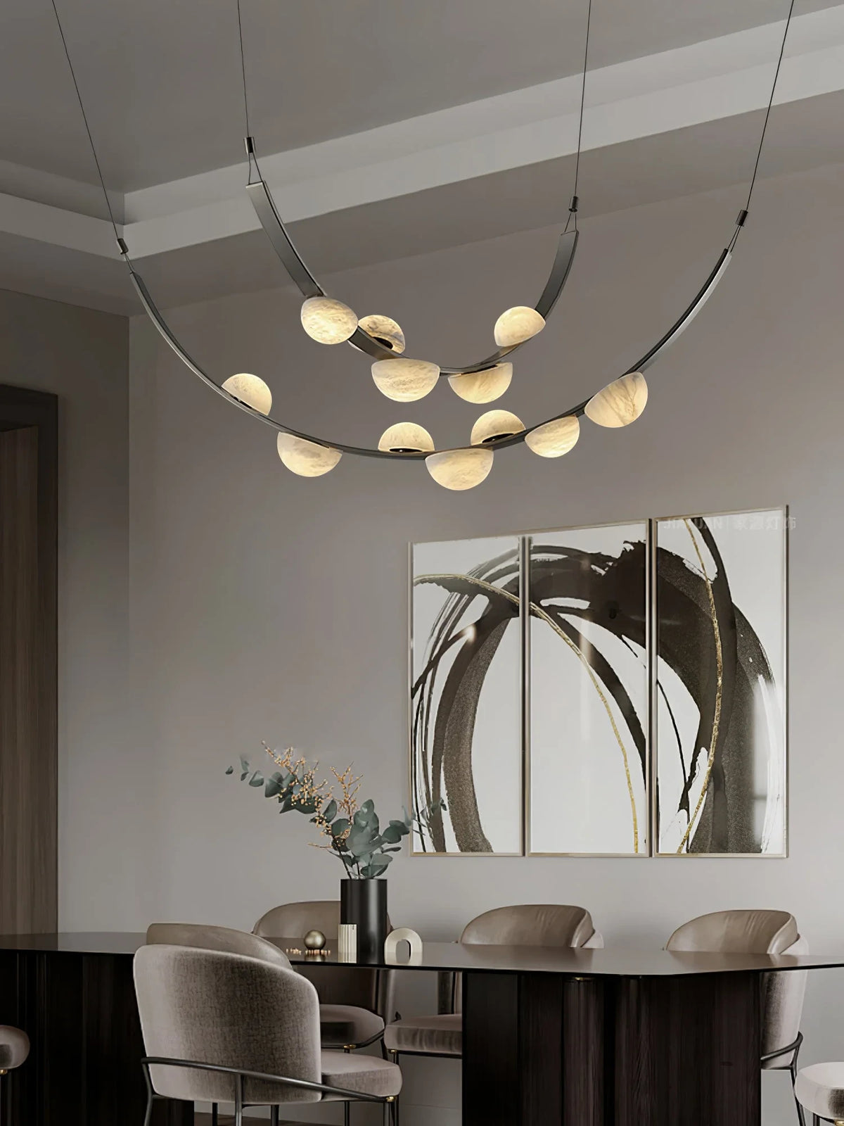 Modern Black Frame Alabaster Chandelier Over Dining Room Table