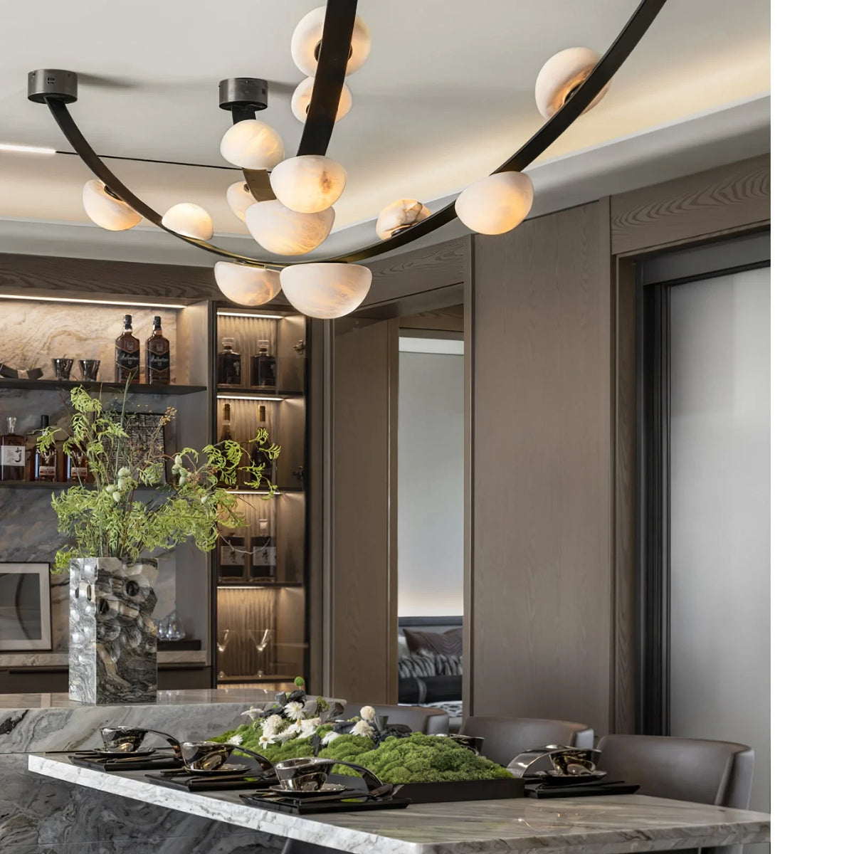 Modern Alabaster Art Glass Chandelier in Open Kitchen Dining Area