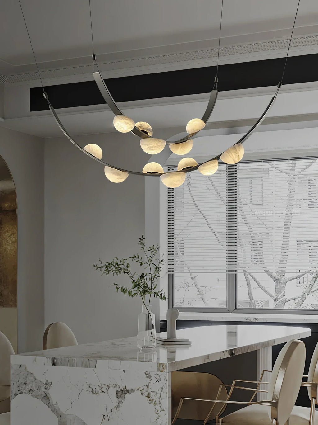 Modern Black Frame Alabaster Chandelier in Bright Dining Room
