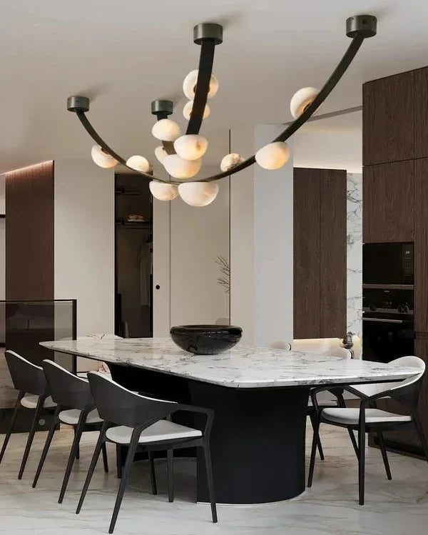 Modern Black Frame Alabaster Chandelier in Formal Dining Room