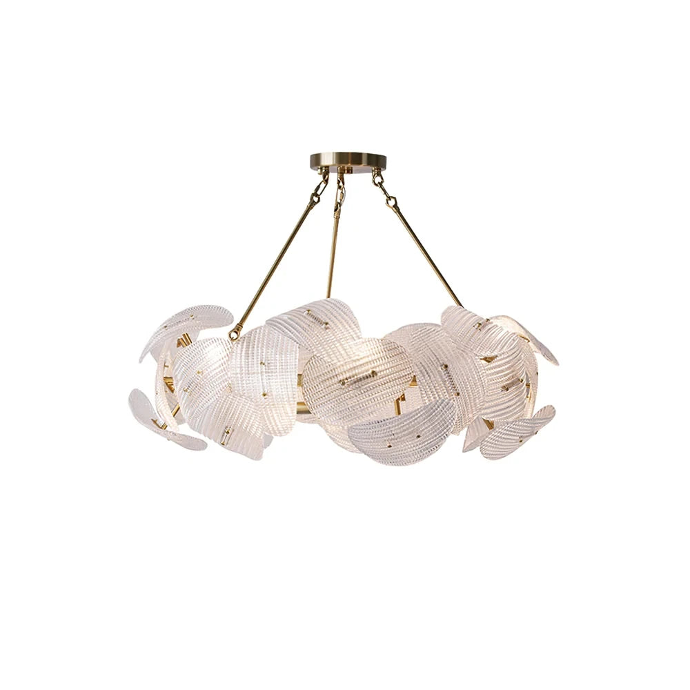 Front Side View of Modern Brass Layered Wave Disc Chandelier Studio Shot