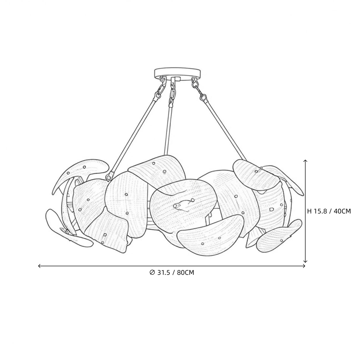Modern Layered Wave Disc Art Glass Semi-Flush Mount Chandelier Line Art Dimension Diagram