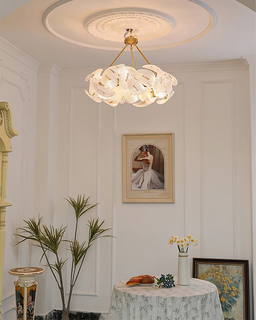 Modern Layered Wave Disc Art Glass Chandelier in Elegant Sitting Area