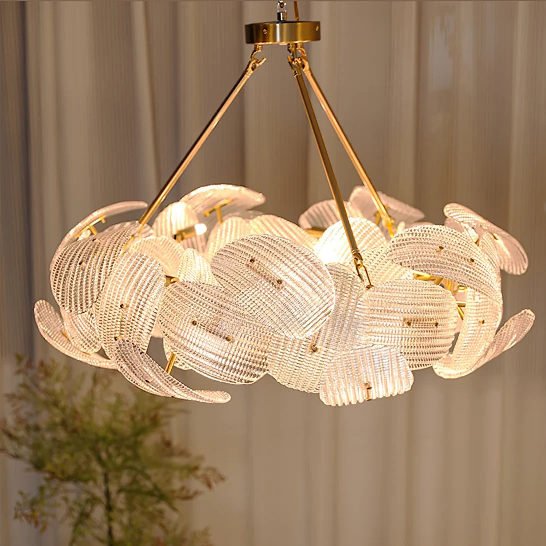 Illuminated Modern Brass Layered Wave Disc Chandelier Studio Shot