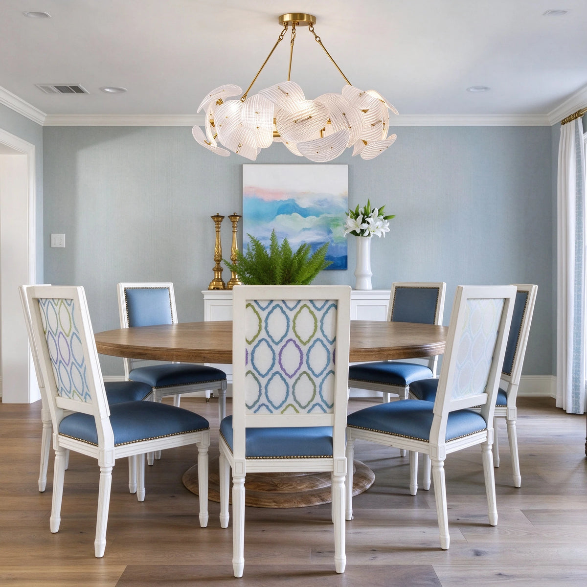 Modern Brass Layered Wave Disc Chandelier in Formal Dining Room