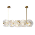 Modern Brass and Double-Tier Layered Wave Disc Art Glass Linear Chandelier with Dual Gold Canopies on Pure White Background