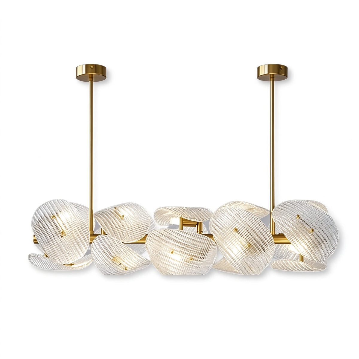Modern Brass and Double-Tier Layered Wave Disc Art Glass Linear Chandelier with Dual Gold Canopies on Pure White Background