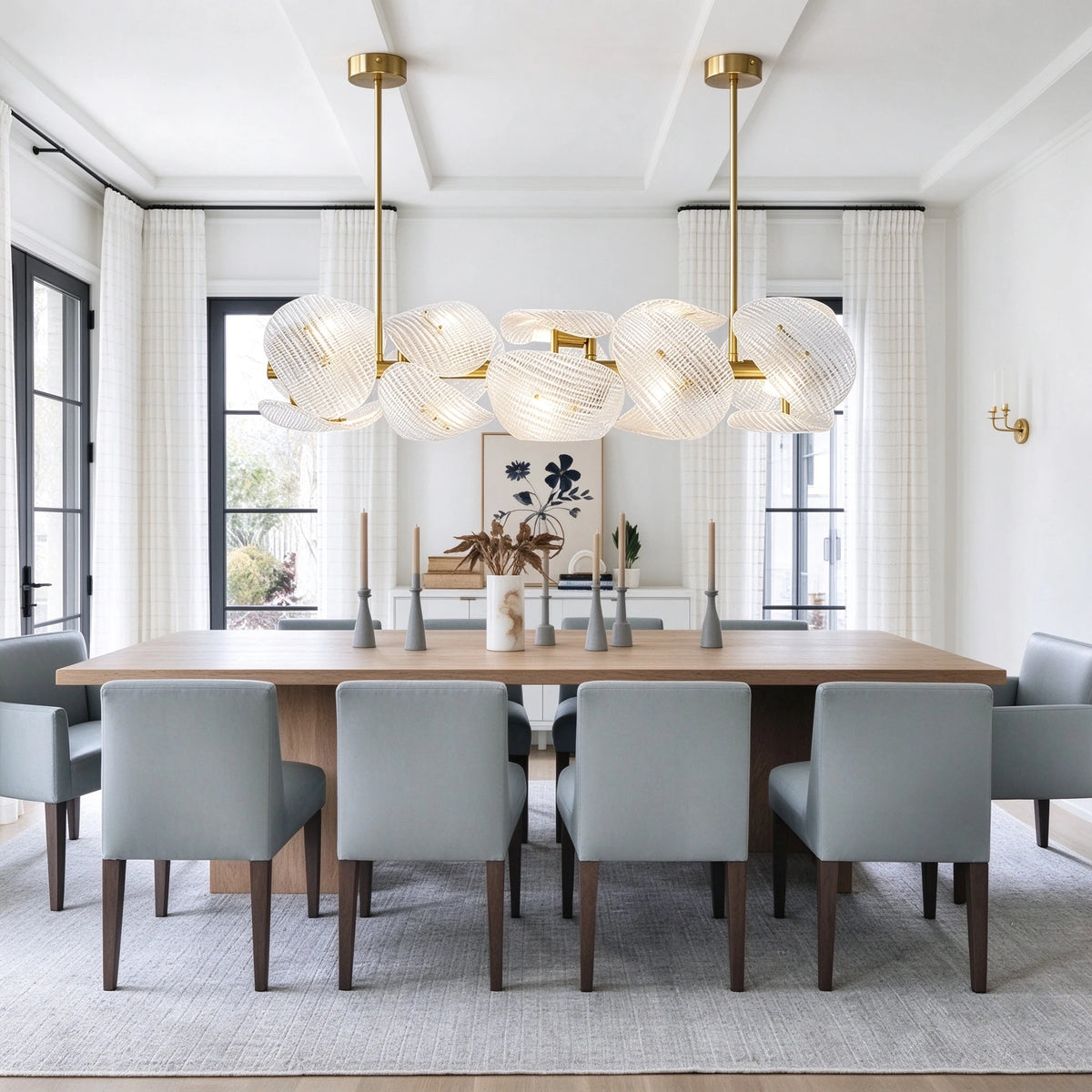 Modern Brass Layered Wave Disc Chandelier in Stylish Dining Room