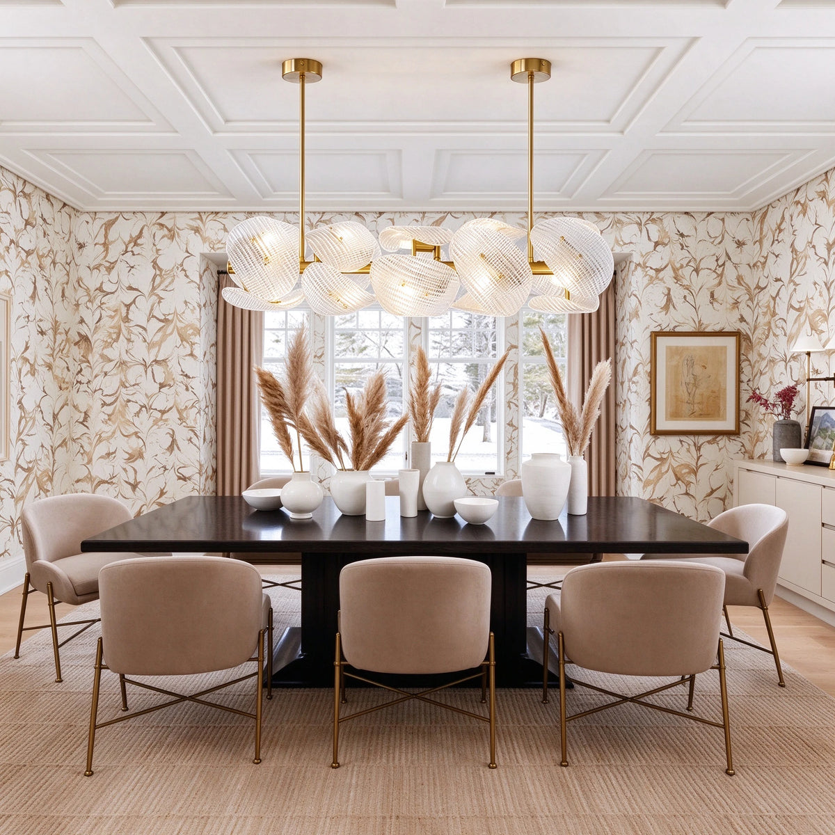 Modern Double-Tier Layered Wave Disc Art Glass Linear Chandelier in Open Plan Dining Setting