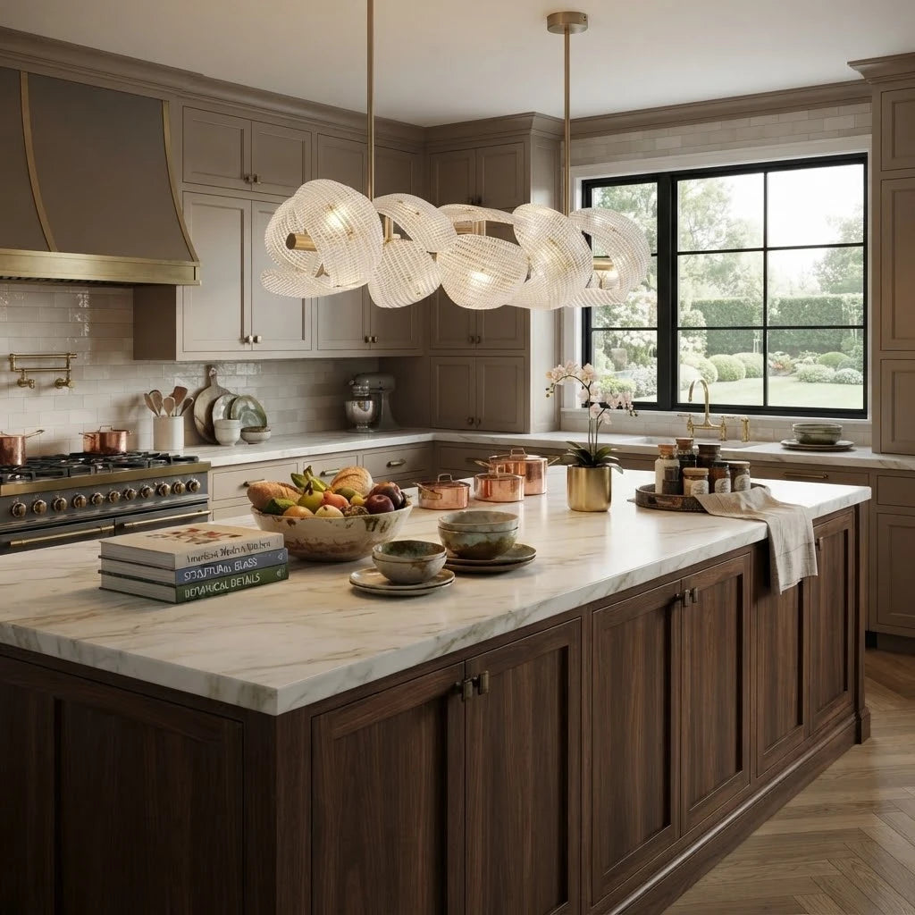 Modern Double-Tier Layered Wave Disc Art Glass Linear Chandelier Over Kitchen Island