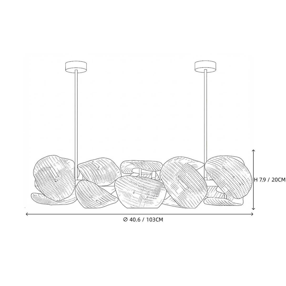 Modern Double-Tier Layered Wave Disc Art Glass Linear Chandelier Line Art Dimension Diagram
