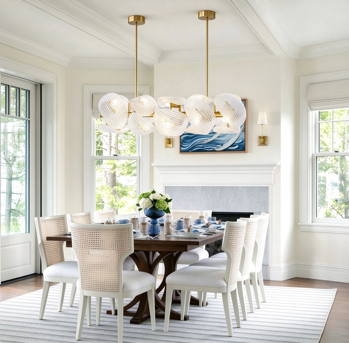 Modern Double-Tier Layered Wave Disc Art Glass Linear Chandelier in Elegant Dining Space