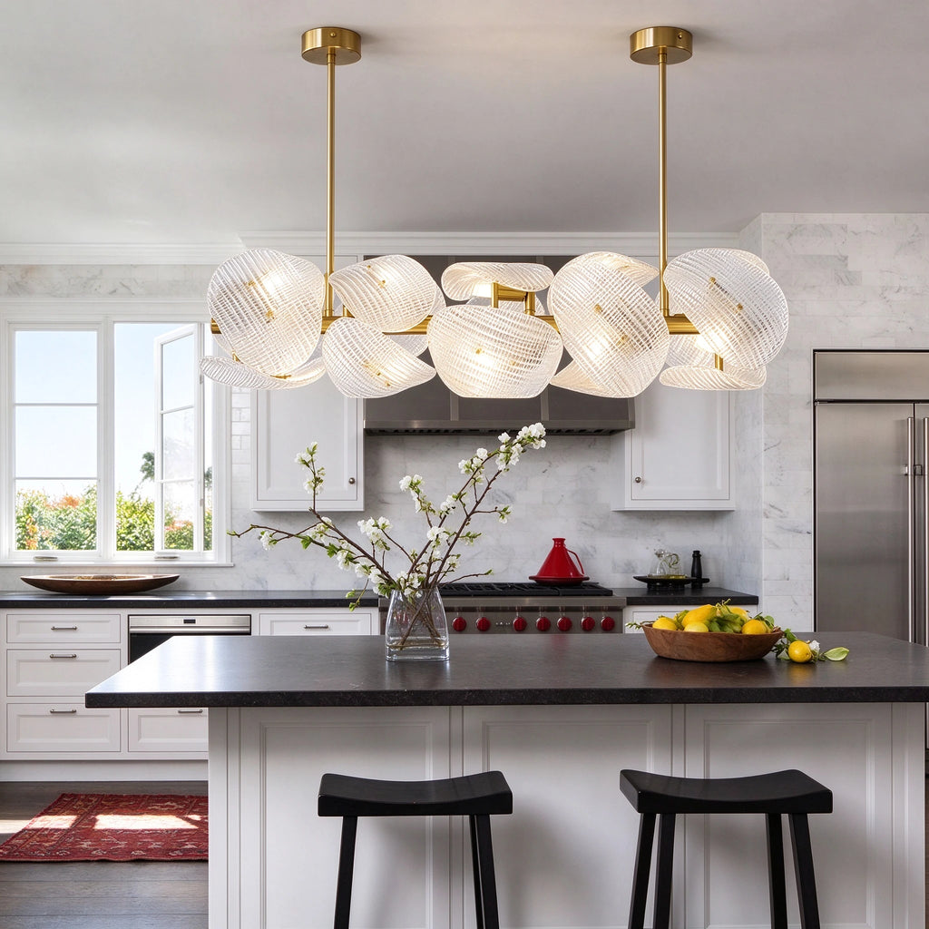 Modern Brass Layered Wave Disc Chandelier Over Kitchen Breakfast Bar