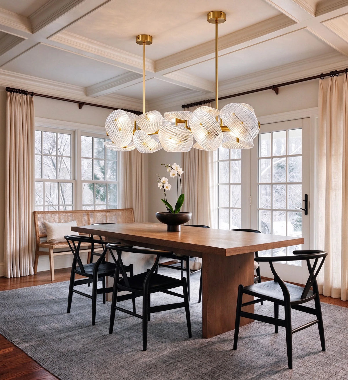 Modern Brass Layered Wave Disc Chandelier in Contemporary Dining Area