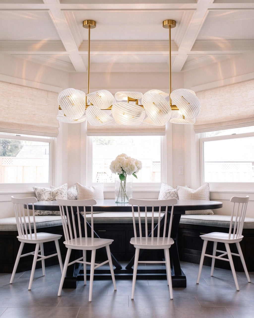 Modern Double-Tier Layered Wave Disc Art Glass Linear Chandelier Over Dining Nook
