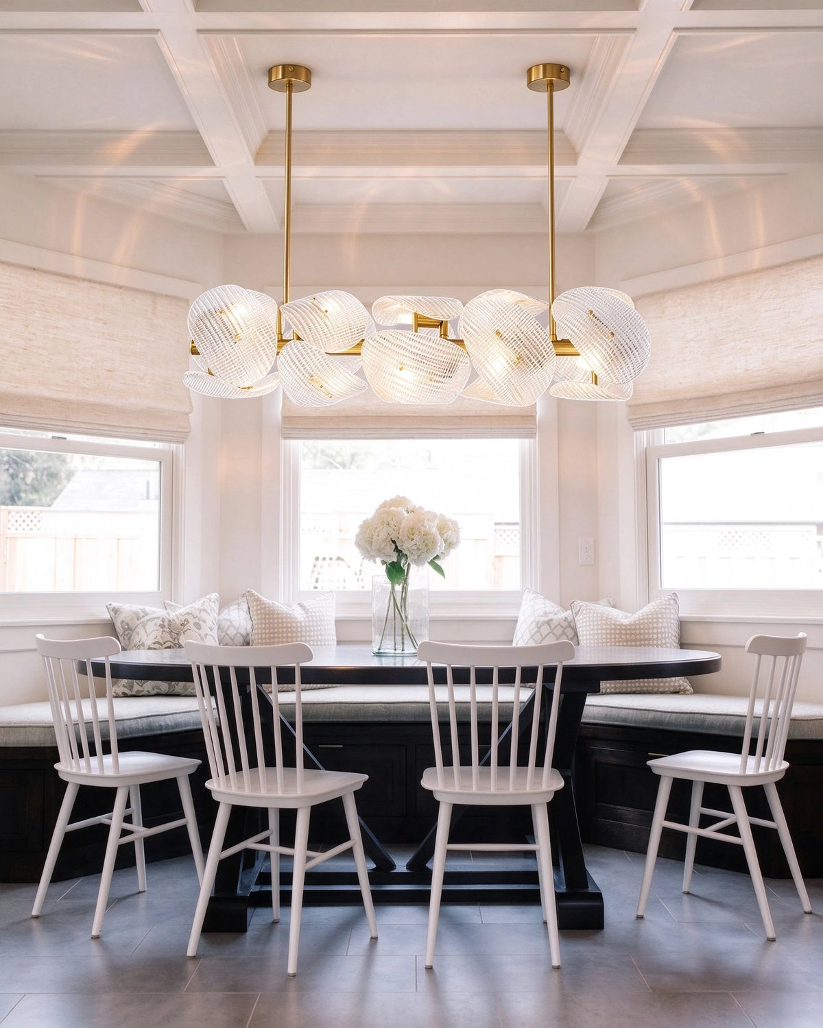 Modern Double-Tier Layered Wave Disc Art Glass Linear Chandelier Over Dining Nook