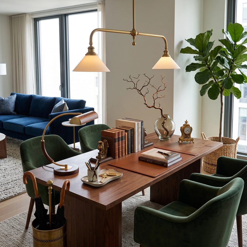 Modern Brass Double-Head Pendant Light in Warm Dining Room