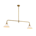 Modern Brass Double-Head White Cone Glass Pendant Light with Gold Canopy on Pure White Background