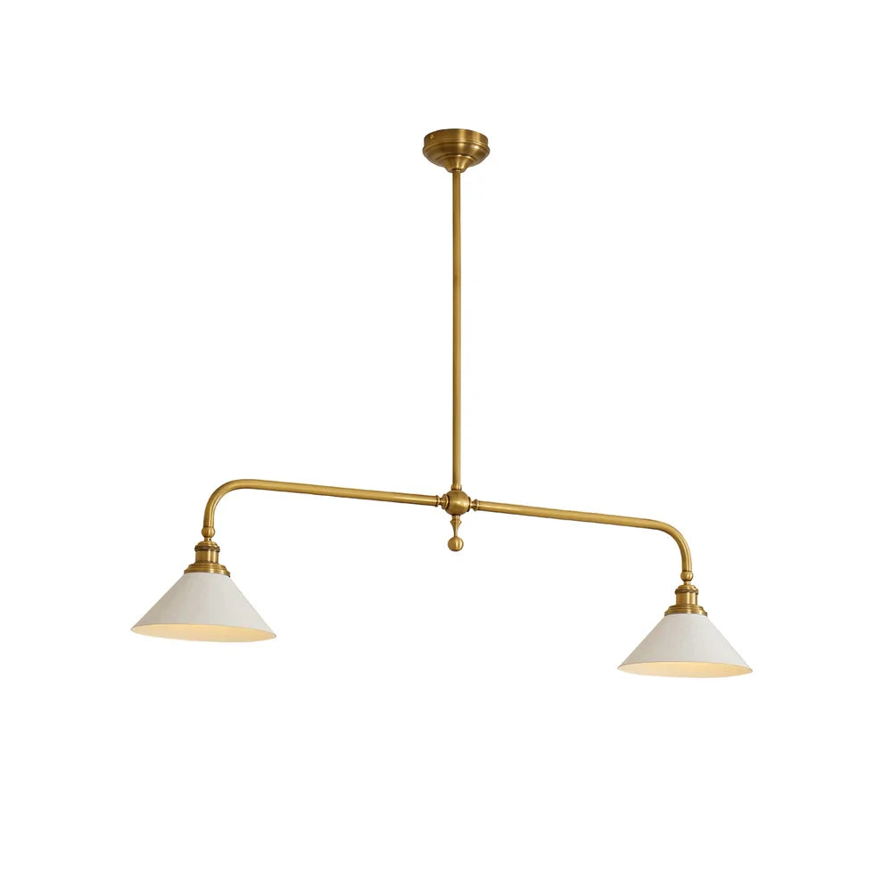 Front View of Modern Brass Double-Head White Cone Glass Pendant Light Studio Shot